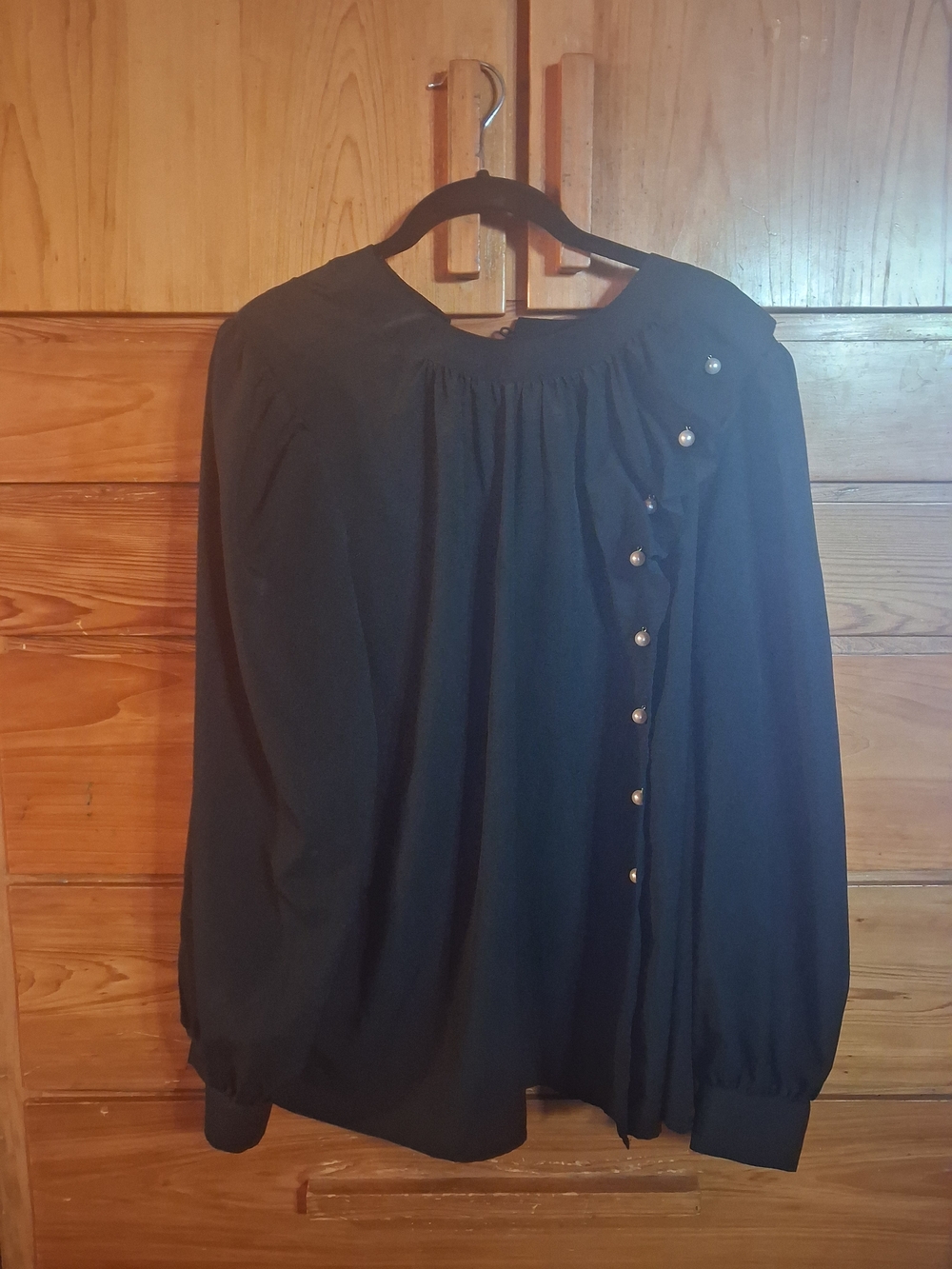 Eloquii Black Long-Sleeve Pleated Blouse with Pearl Accent Buttons